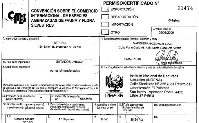 Sample of CITES export permit